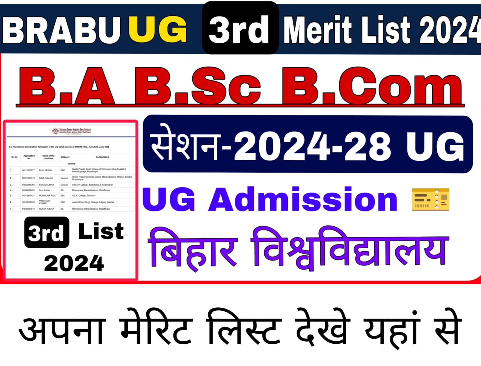 BRABU UG 3rd merit list 2024-28